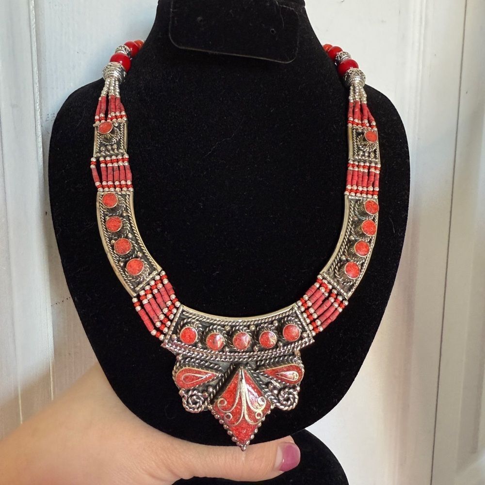 Vintage Tibetan Rare Coral and Alpaca Silver Statement Necklace
